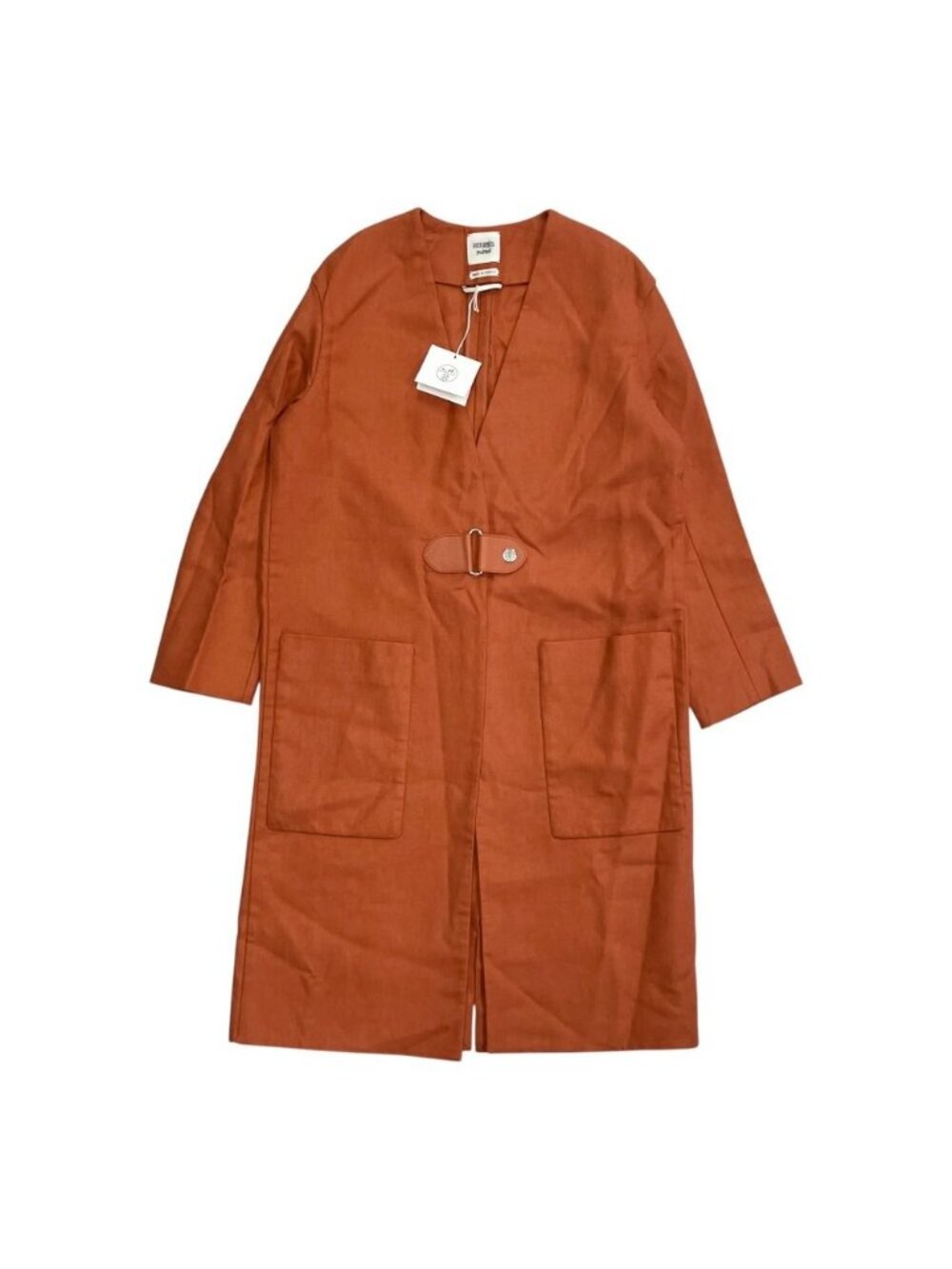 Hermes Linen Collarless Coat Long Sellier Buttons Outer Leather Belt 34